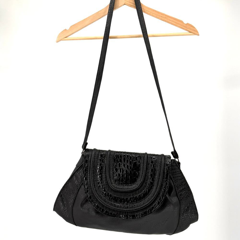 Vintage 80s Black Genuine Leather Patent Mock Croc Shoulder Bag